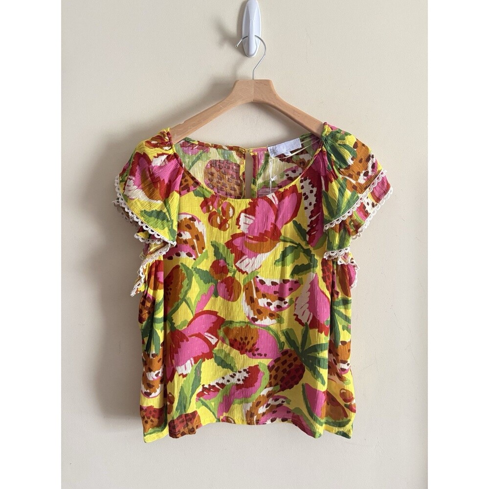 C&C California Short Sleeve Top XL Multicolor Fruit Tropical Beach Resort Ruffle